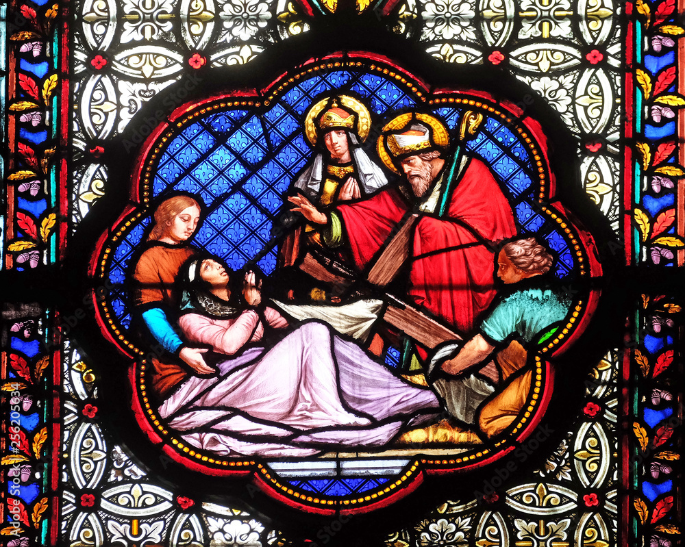 Recognition of the true Cross among the three discovered, stained glass window in the Basilica of Saint Clotilde in Paris, France 