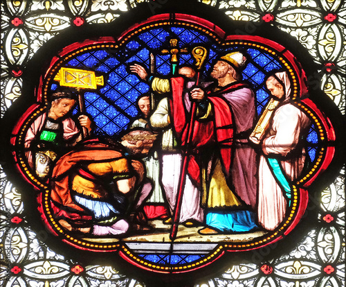 Baptism of Constantine after his victory over Maxentius, stained glass window in the Basilica of Saint Clotilde in Paris, France 