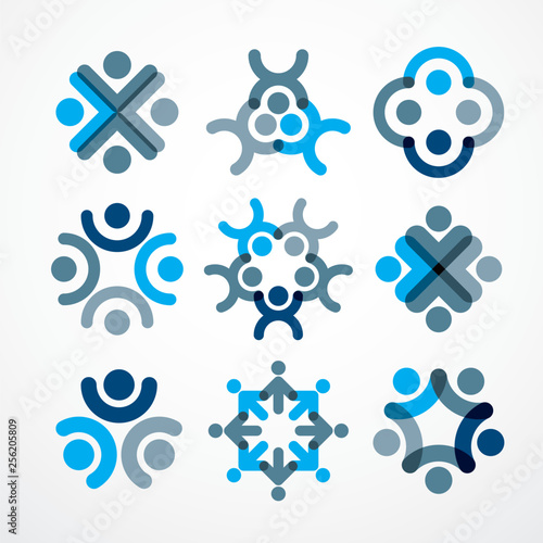Teamwork and friendship concepts created with simple geometric elements as a people crew. Vector icons or logos set. Unity and collaboration ideas, dream team of business people blue designs.