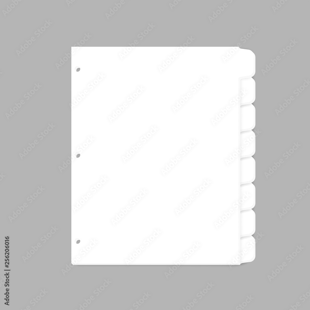 White filler paper with cut tabs for ring bound notebook letter size, vector mock-up. Ring binder index dividers, template White filler paper with cut tabs for ring bound notebook letter size, vector mock-up. Ring binder index dividers, template