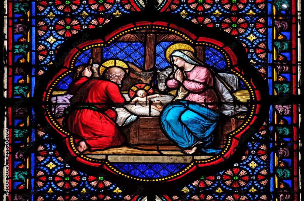 Nativity Scene, stained glass window in the Basilica of Saint Clotilde in Paris, France