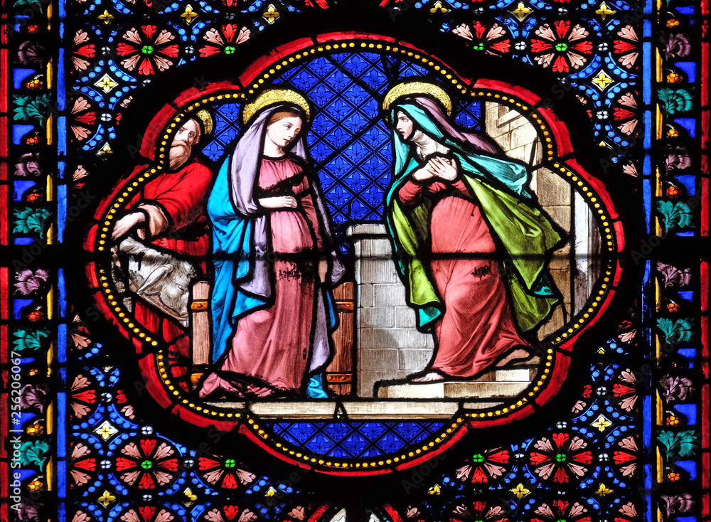Visitation of the Virgin, stained glass window in the Basilica of Saint Clotilde in Paris, France 