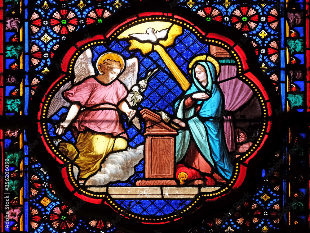 Annunciation of Mary, stained glass window in the Basilica of Saint Clotilde in Paris, France