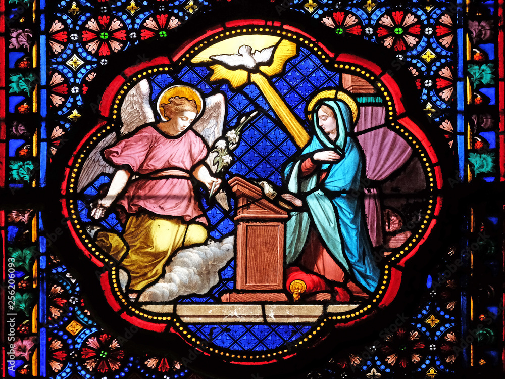 Annunciation of Mary, stained glass window in the Basilica of Saint Clotilde in Paris, France Annunciation of Mary, stained glass window in the Basilica of Saint Clotilde in Paris, France