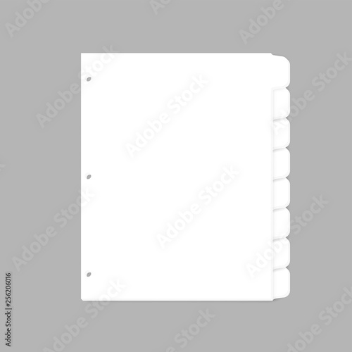 White filler paper with cut tabs for ring bound notebook letter size, vector mock-up. Ring binder index dividers, template