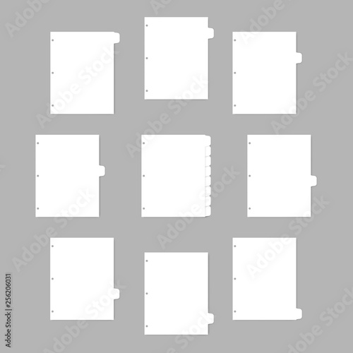 Set of white index dividers for three ring binder - letter size, realistic mockup. Blank filler paper with 8 cut tabs, vector template