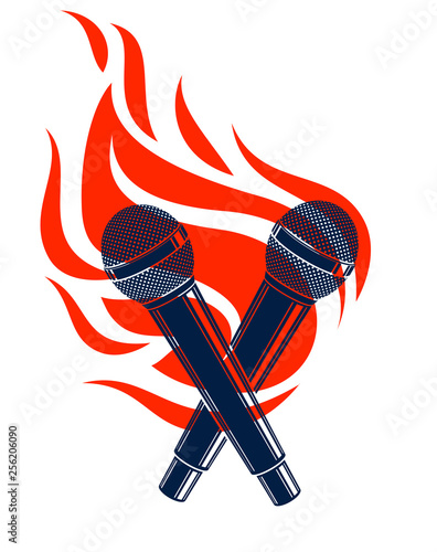 Two microphones crossed on fire, hot mic in flames, rap battle rhymes music, karaoke singing, vector logo or illustration, concert festival or night club label, t-shirt print.