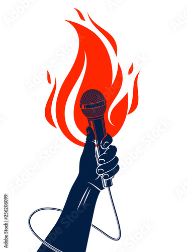 Microphone in hand on fire, hot mic in flames live show, rap battle rhymes music, concert festival or night club label, karaoke singing or standup comedy, vector logo, t-shirt print.
