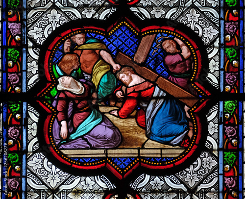 The climb to Calvary  stained glass window in the Basilica of Saint Clotilde in Paris  France 