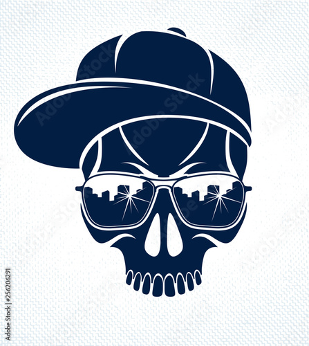 Gangster skull vector logo, icon or tattoo, urban stylish aggressive criminal scull.