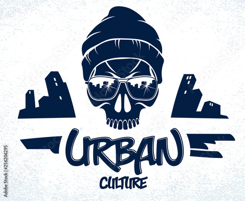 Urban culture style skull in sunglasses vector logo or emblem, gangster or thug illustration, anarchy chaos hooligan, ghetto theme.