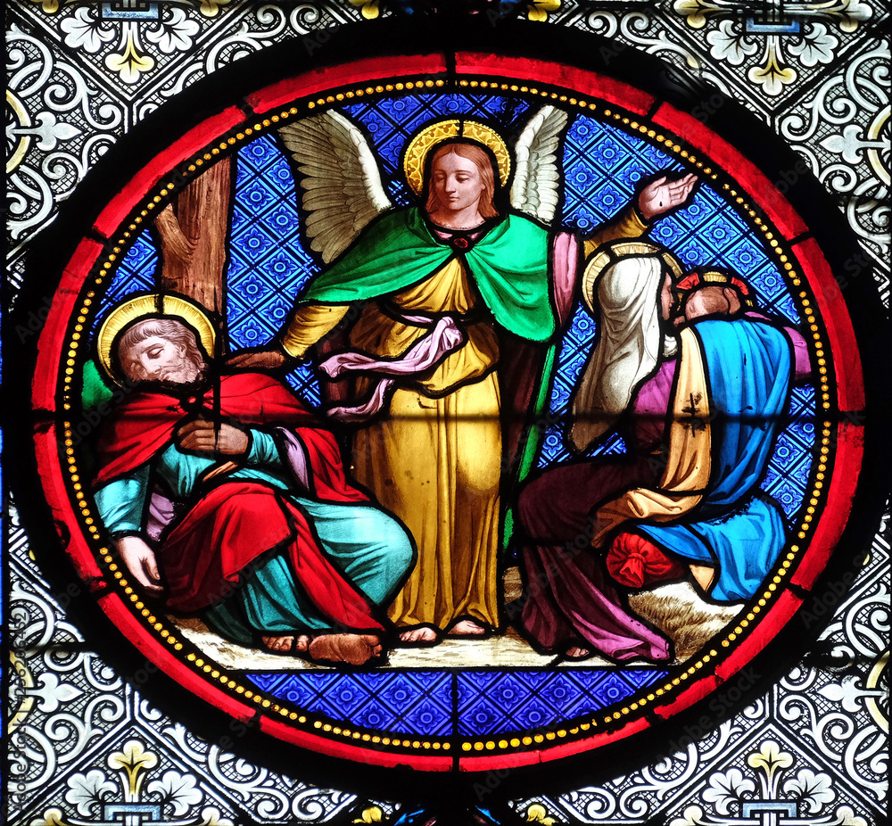 Saint Joseph's second dream, stained glass window in the Basilica of Saint Clotilde in Paris, France Saint Joseph's second dream, stained glass window in the Basilica of Saint Clotilde in Paris, France