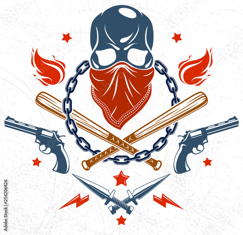 Gang brutal criminal emblem or logo with aggressive skull baseball bats and other weapons and design elements, vector anarchy crime terror retro style, ghetto revolutionary.