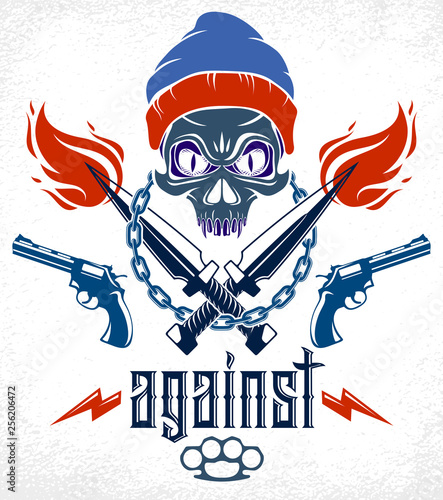 Anarchy and Chaos aggressive emblem or logo with aggressive skull, weapons and different design elements , vector vintage scull tattoo, rebel gangster criminal and revolutionary.