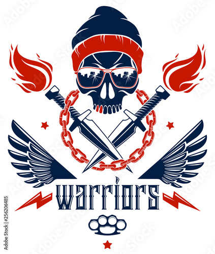 Anarchy and Chaos aggressive emblem or logo with wicked skull, weapons and different design elements , vector vintage scull tattoo, rebel gangster criminal and revolutionary.