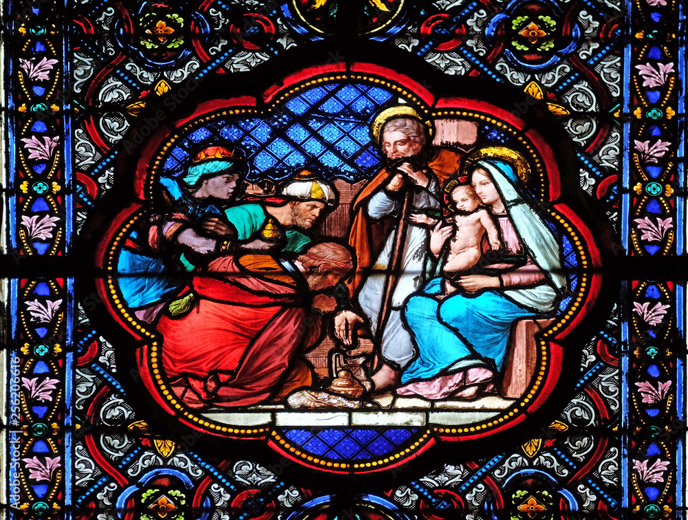 Nativity Scene, Adoration of the Magi, stained glass window in the Basilica of Saint Clotilde in Paris, France