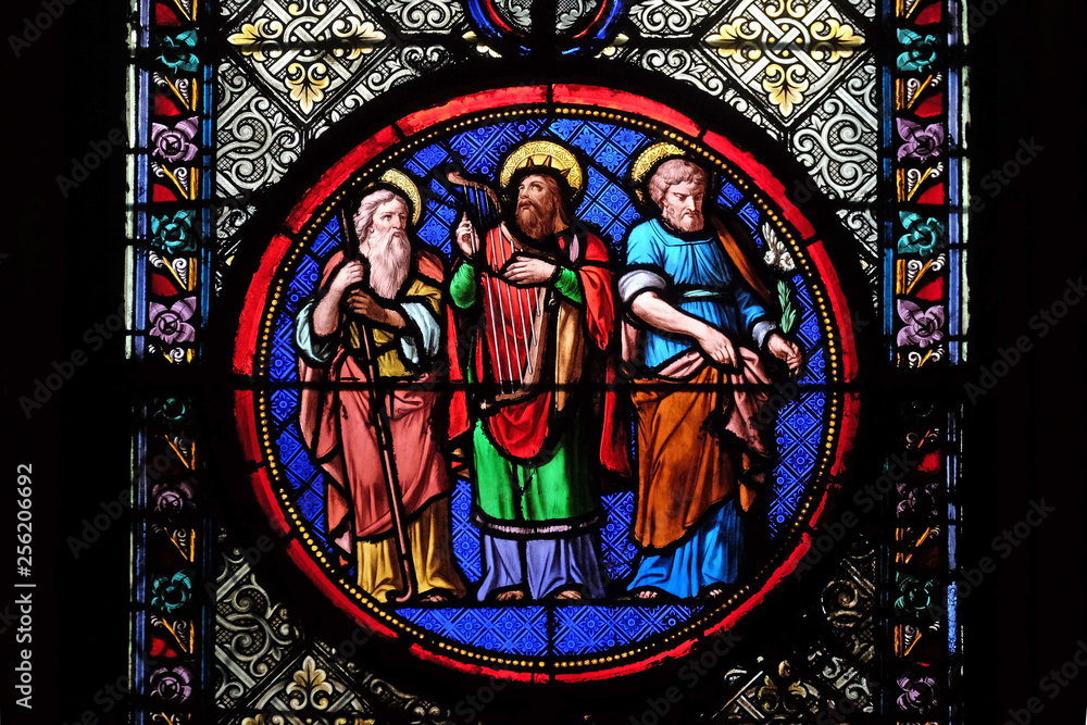 Abraham, David and Joseph, stained glass window in the Basilica of Saint Clotilde in Paris, France 