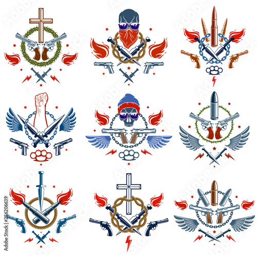 Anarchy and Chaos aggressive emblem or logo with strong clenched fist, aggressive skull, bullets and guns, weapons and different design elements , vector tattoo, rebel and revolutionary.