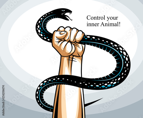 Hand squeezes a snake, fight against evil devil and Satan, control your inner beast animal, archetype shadow, life is a fight concept, vintage vector logo or tattoo.