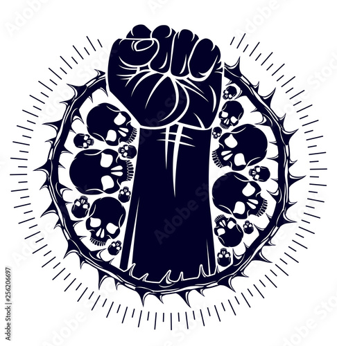Slavery theme illustration with strong hand clenched fist fighting for freedom against blackthorn thorn, vector logo or tattoo, through the thorns to the stars concept.