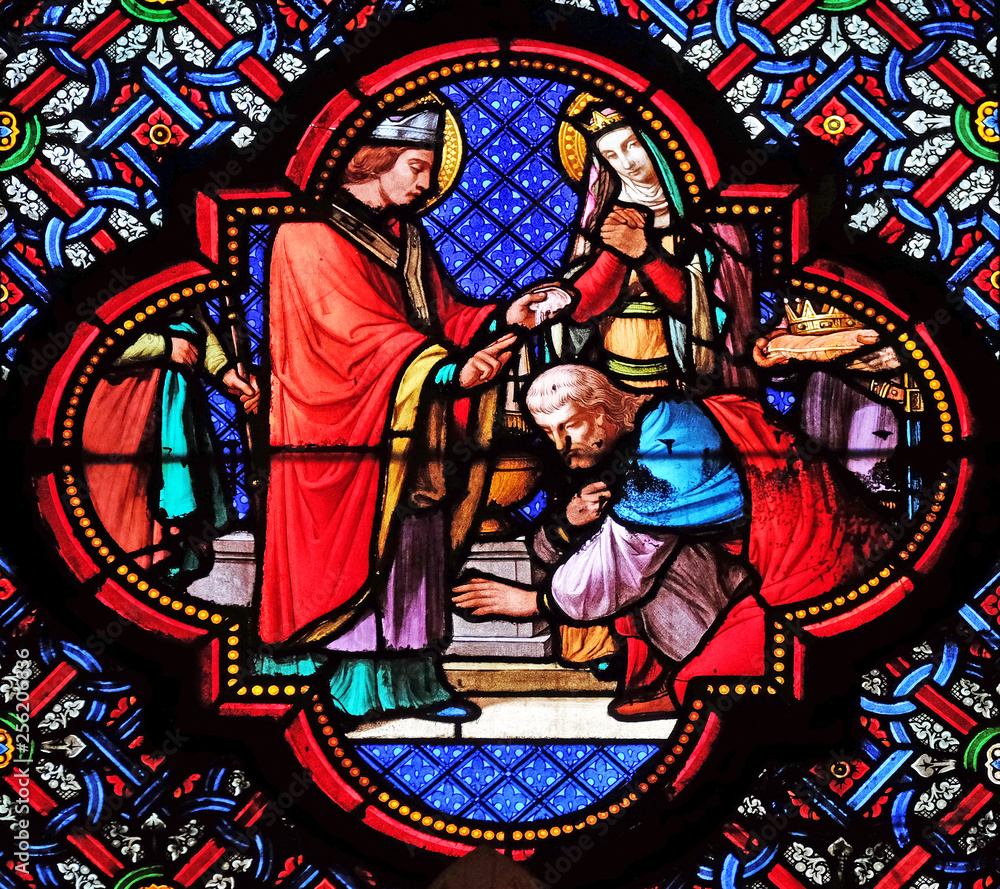 Baptism of Clovis, first Christian King of France, stained glass window in the Basilica of Saint Clotilde in Paris, France 