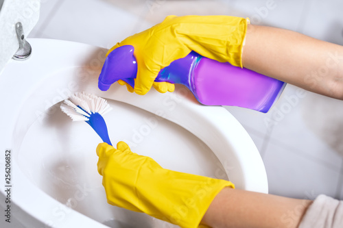 Close up of hand applying detergent and cleaning toilet with brush
