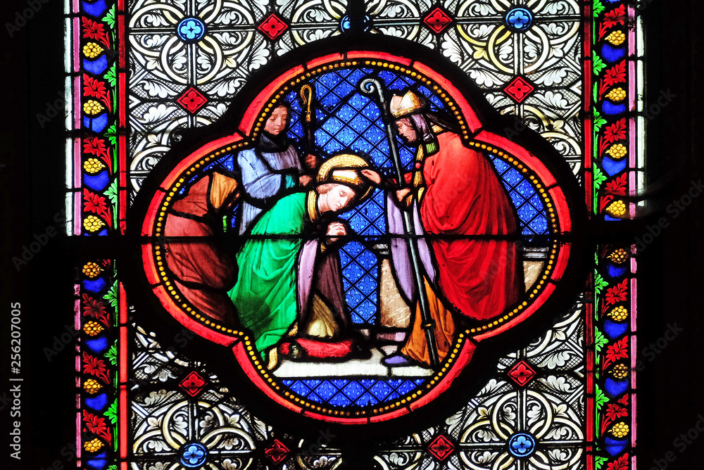 Saint Remi with Bishop, stained glass window in the Basilica of Saint Clotilde in Paris, France