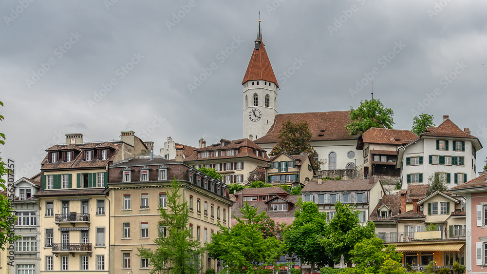 Switzerland, scenic view on Thun city and houses 