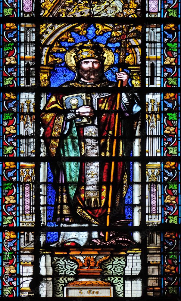 Saint Leo, stained glass window in the Basilica of Saint Clotilde in Paris, France 