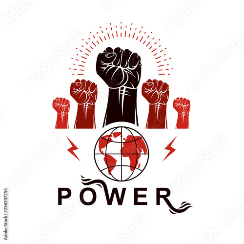 Vector marketing flyer template created using clenched fists raised up, loudspeakers devices and Earth globe. People fighting for their rights, revolution and demonstration idea.