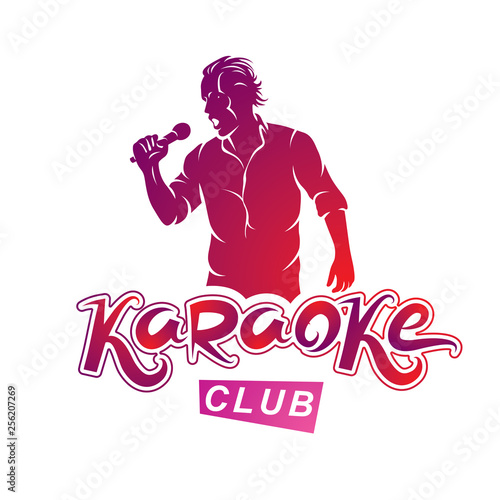 Vector illustration of content man singing, soloist holds a microphone in hand. Karaoke club, feel yourself famous superstar.