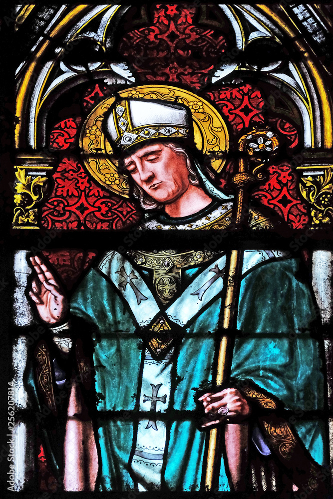 Saint Medardus, stained glass window in the Basilica of Saint Clotilde in Paris, France 