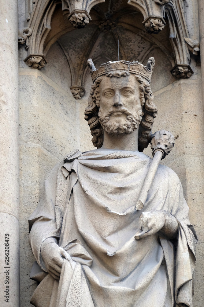 Saint Sigismond, statue on the portal of the Basilica of Saint Clotilde in Paris, France 