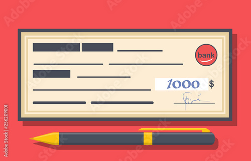 Bank check and pen