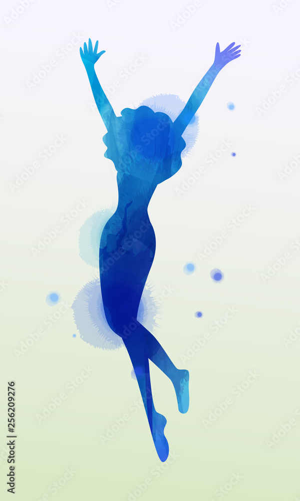 Watercolor of  woman jumping into the air isolated on white background.  Vector illustration.