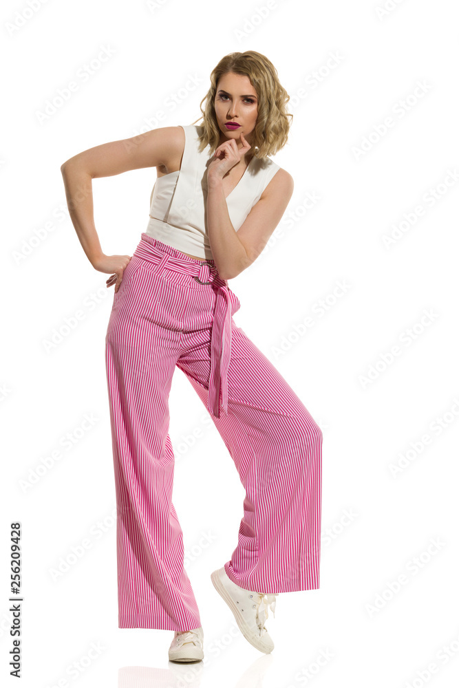 Beautiful Woman Is Posing In Striped Wide Legs Trousers Beautiful Woman Is Posing In Striped Wide Legs Trousers