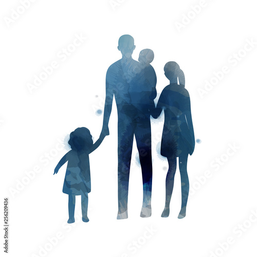 Parents having good time with their child.  Happy family walking together isolated on white background. Watercolor style. Vector illustration.