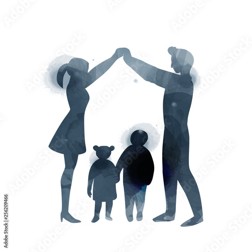 Parents having good time with their child.  Happy family walking together isolated on white background. Watercolor style. Vector illustration.