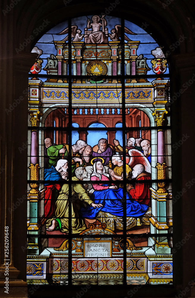 Death of the Virgin Mary, stained glass windows in the Saint Laurent Church, Paris, France 