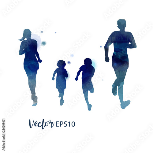 Happy family running silhouettes watercolor. Healthy life. Vector illustration.