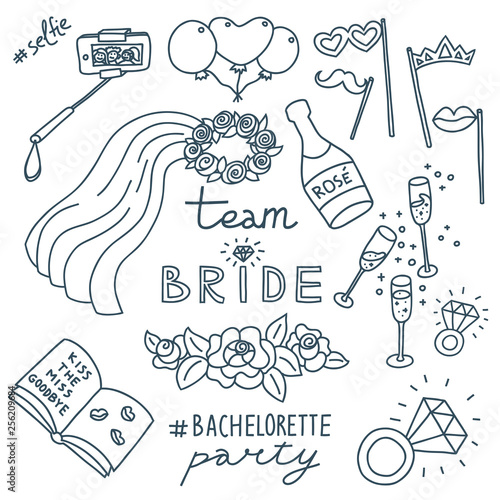Bachelorette party concept. Set of objects. Monochrome doodle.