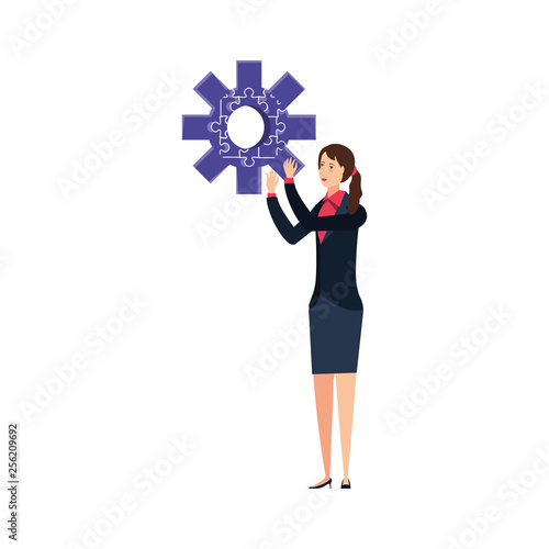 business woman with puzzle pieces in shape pinion