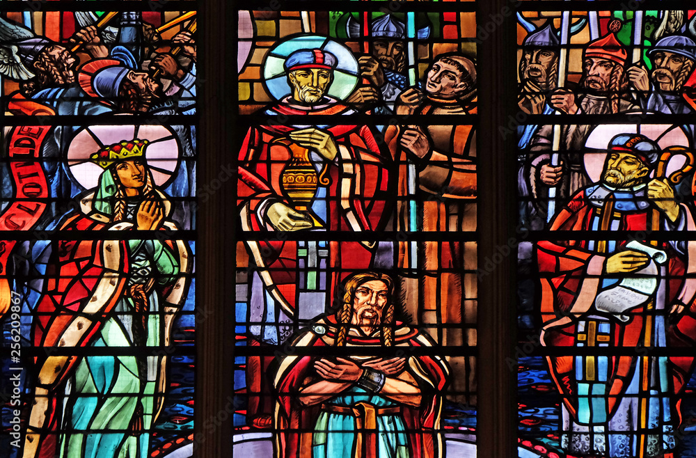 Baptism of Clovis, stained glass windows in the Saint Laurent Church, Paris, France Baptism of Clovis, stained glass windows in the Saint Laurent Church, Paris, France