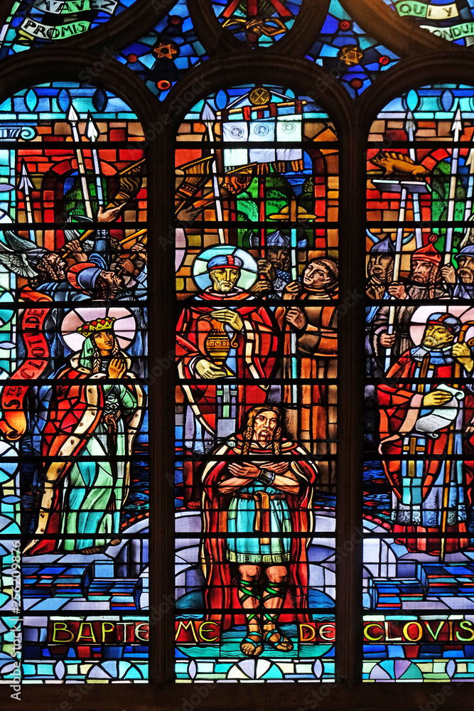 Baptism of Clovis, stained glass windows in the Saint Laurent Church, Paris, France