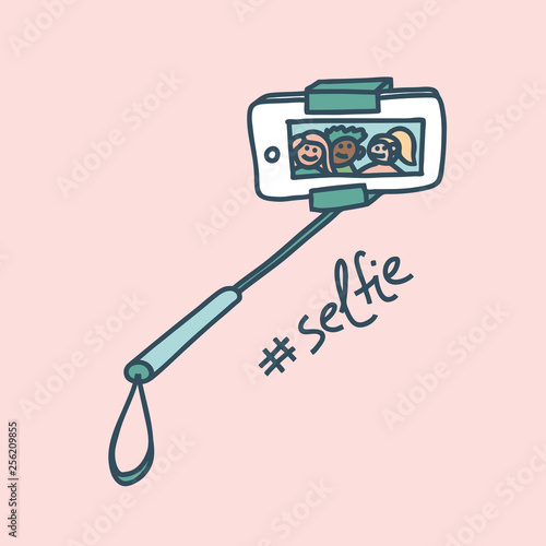 Bachelorette party concept. Phone with selfie stick. Pastel color doodle.