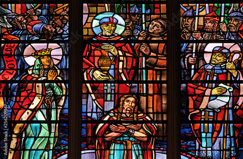 Baptism of Clovis, stained glass windows in the Saint Laurent Church, Paris, France