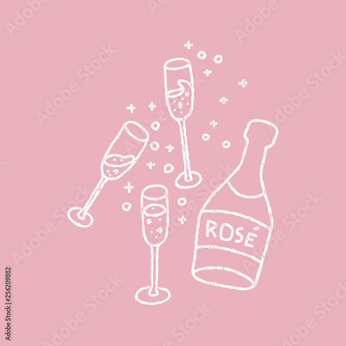 Bachelorette party concept. Bottle of campagne with glasses. Vintage texture doodle.