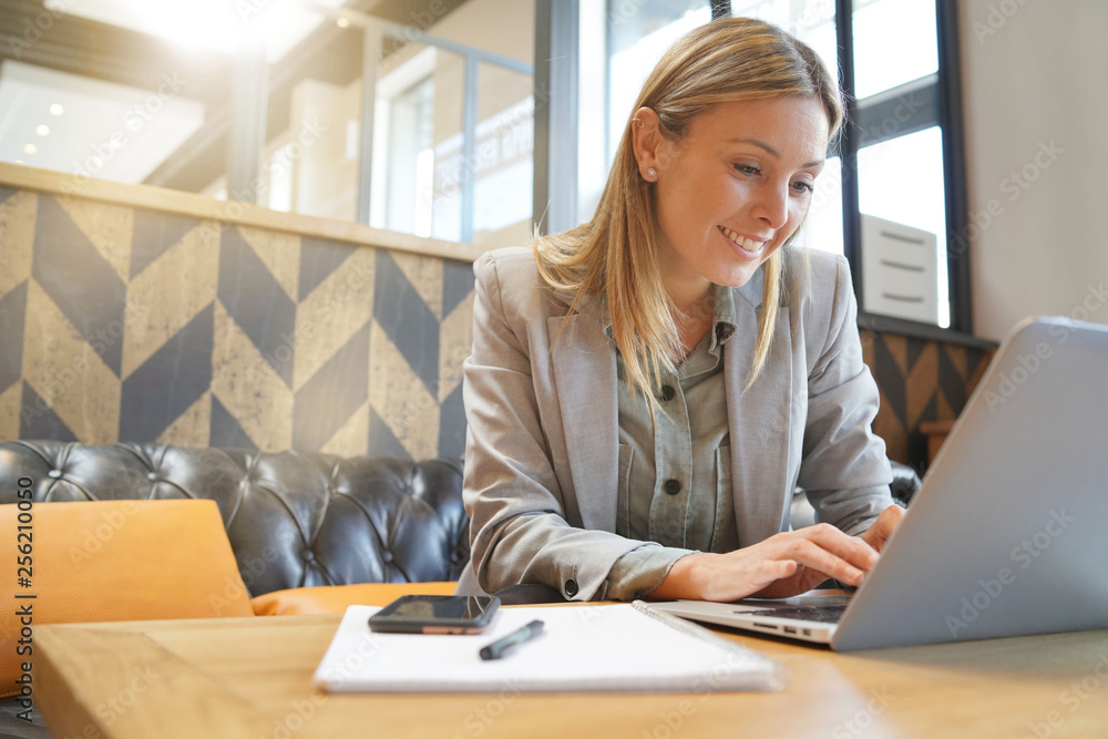Saleswoman preparing sales pitch on work trip Saleswoman preparing sales pitch on work trip