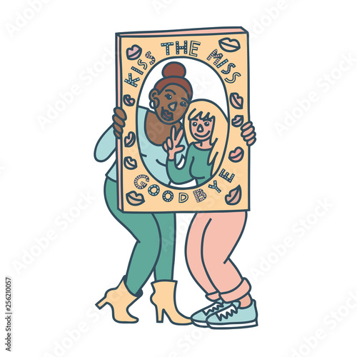 Bachelorette party concept. Two friends posing with life size frame. Pastel color doodle.