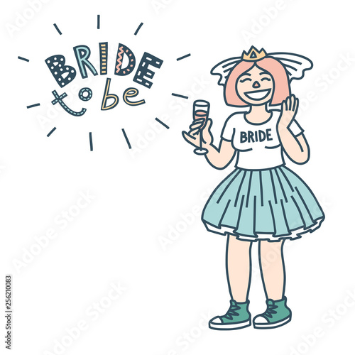 Bachelorette party concept. Bride to be celebrating with champagne. Pastel color doodle.